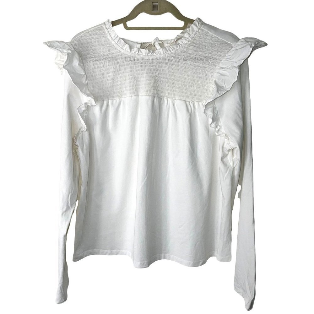 Anthropologie Womens Blouse Size XL Pure Cotton Shirred Yolk Ruffle Shoulder Top